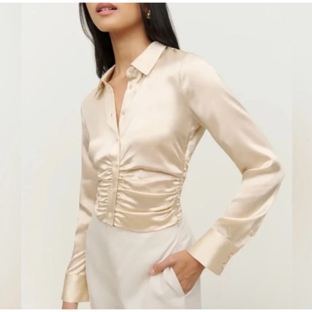 Reformation Kendall Gathered Silk-Satin Blouse Ivory Size 4 Button Down